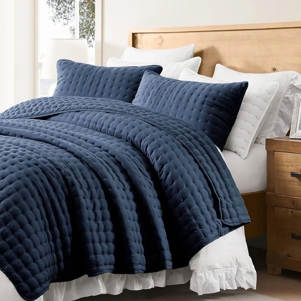 🆕 PB Style King Quilt Set Tufted Classic Navy Blue 3 piece Set